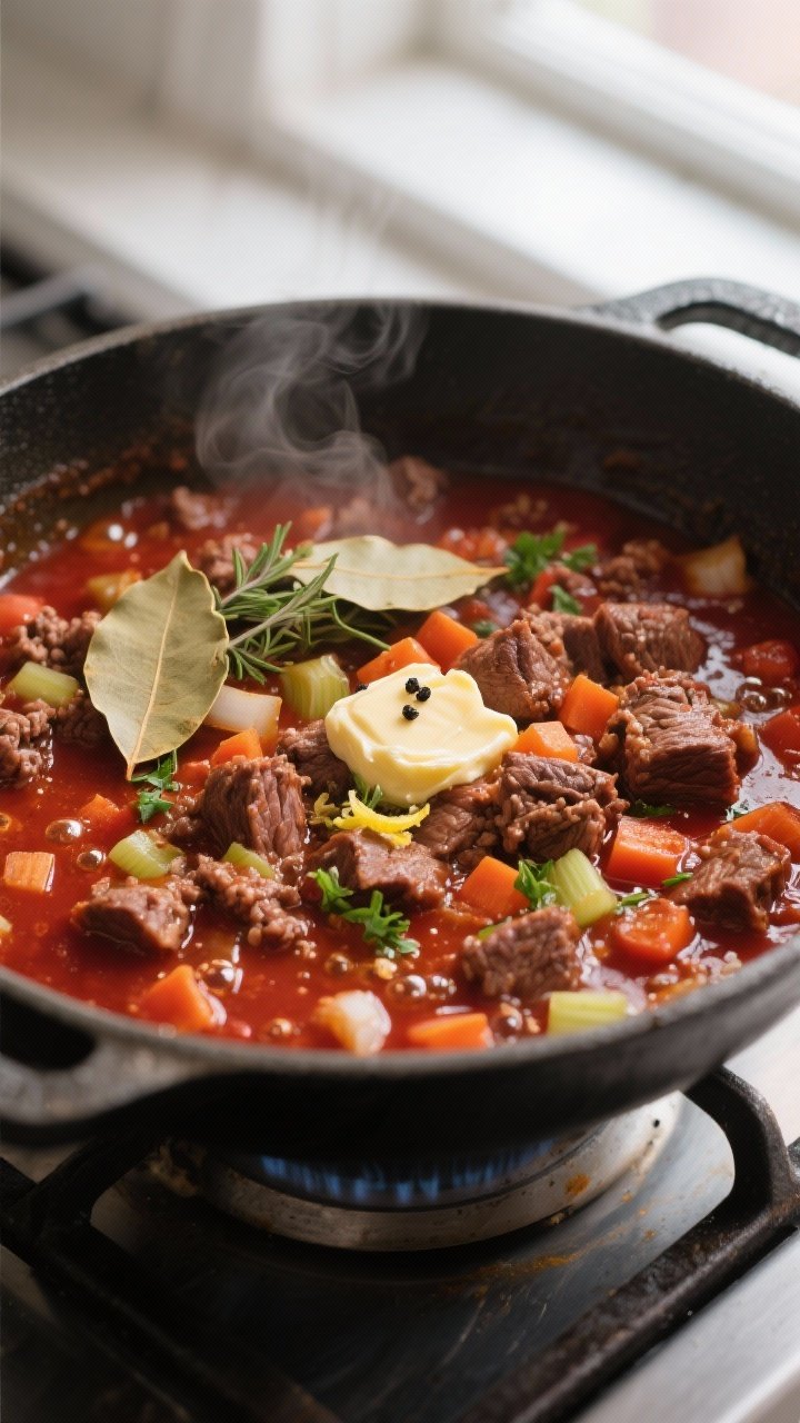 Close-up cooking process: minced beef osso buco simmering in a wide, heavy pot, showing glossy, thic