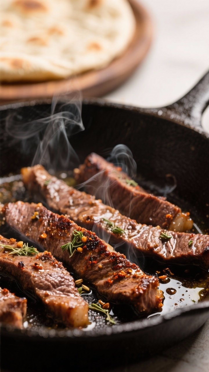 Close-up cooking process: Searing marinated beef gyro strips in a preheated cast-iron skillet, deepl