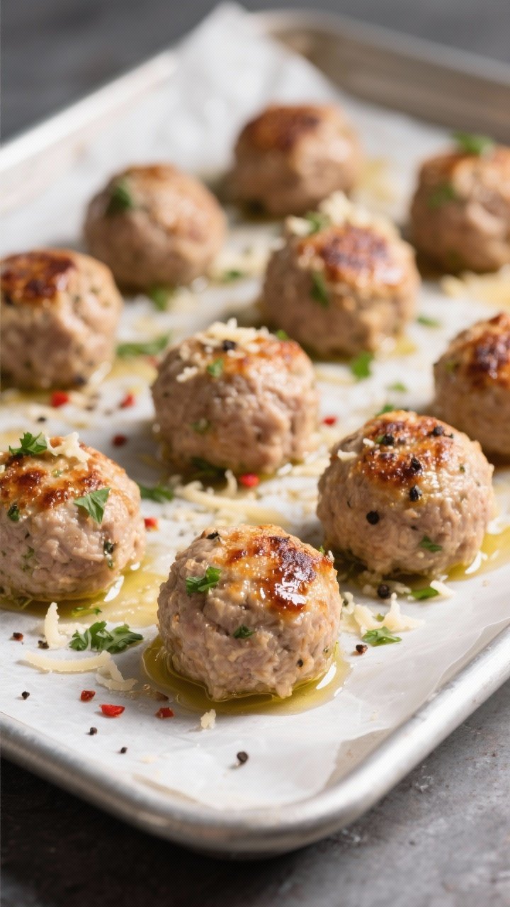 Close-up detail and cooking process: Juicy baked turkey meatballs just out of a 425°F oven on a par