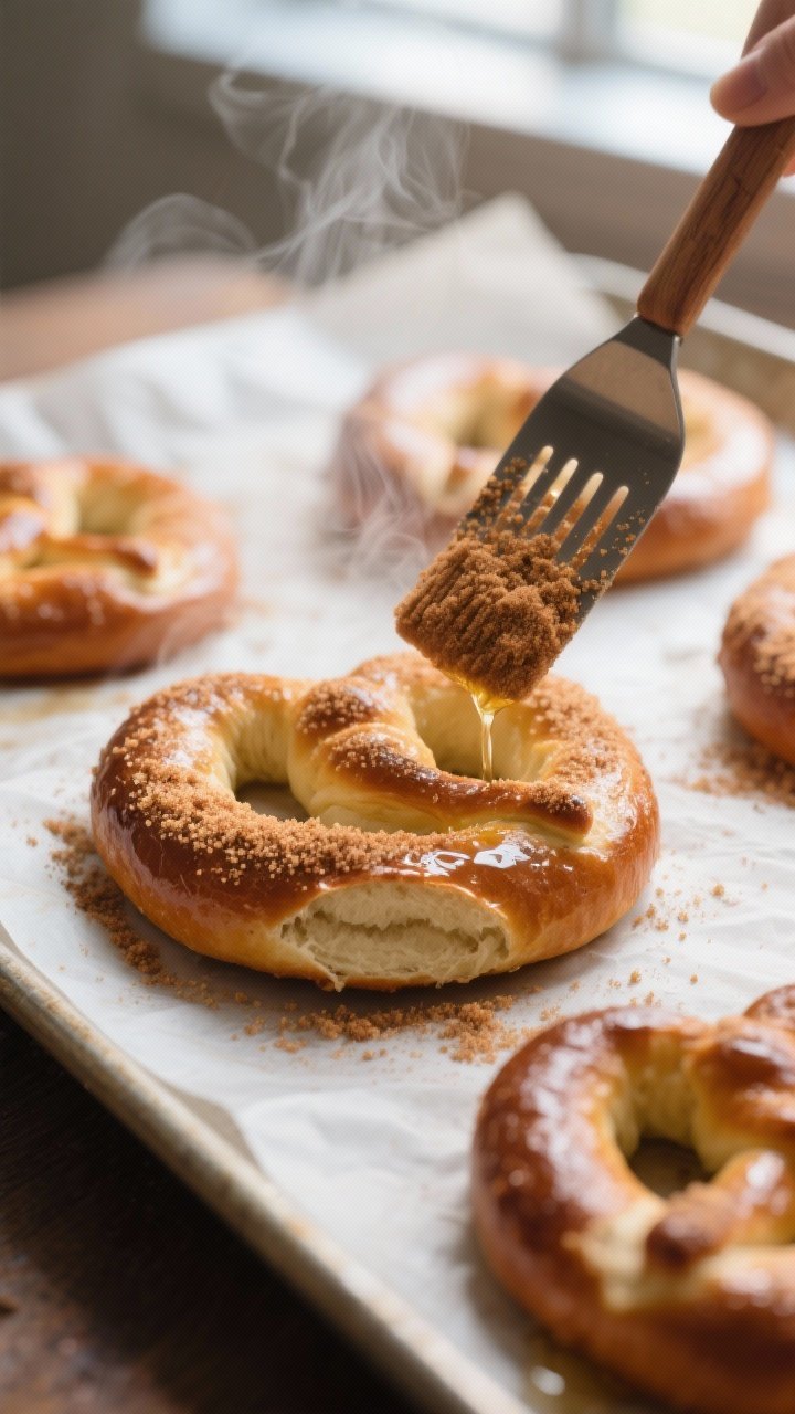 Close-up detail and process shot: Freshly baked soft pretzels just out of the oven being brushed wit
