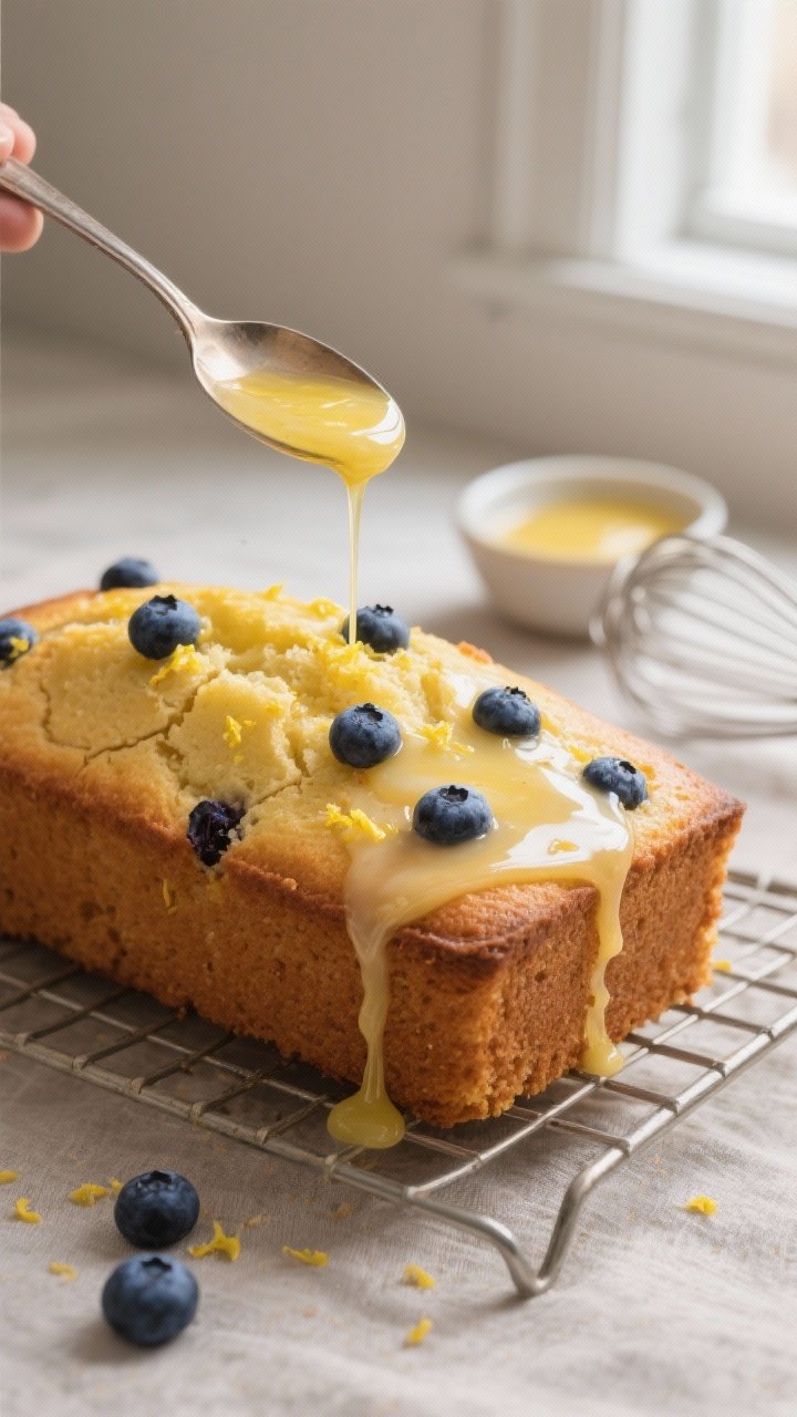 Close-up detail, cooking process: A freshly baked lemon blueberry pound cake loaf resting on a cooli