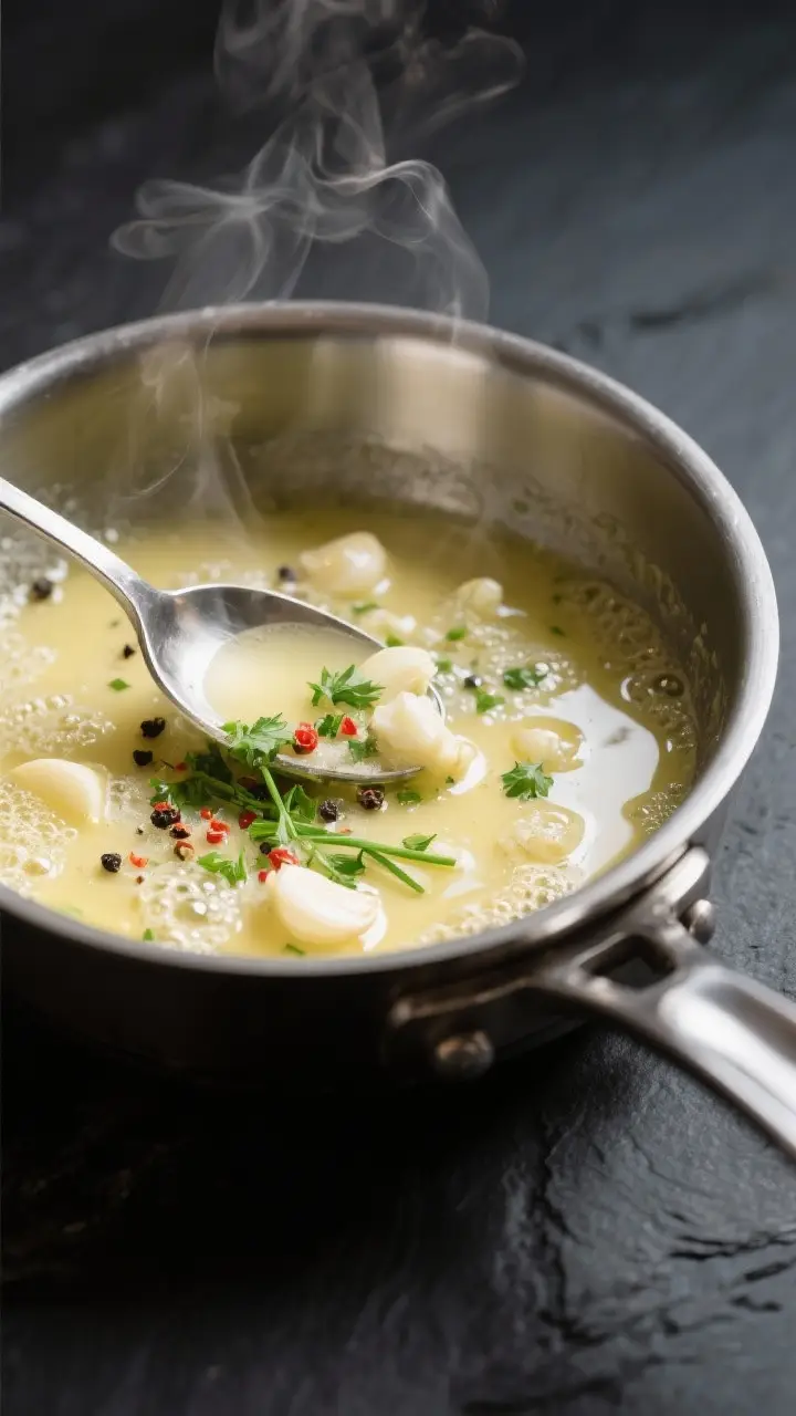 Close-up detail, cooking process: A small stainless-steel saucepan over low heat with garlic butter