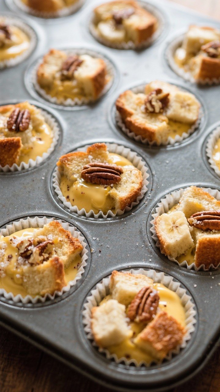 Close-up detail, cooking process: Banana Cinnamon French Toast muffin mixture just after filling the