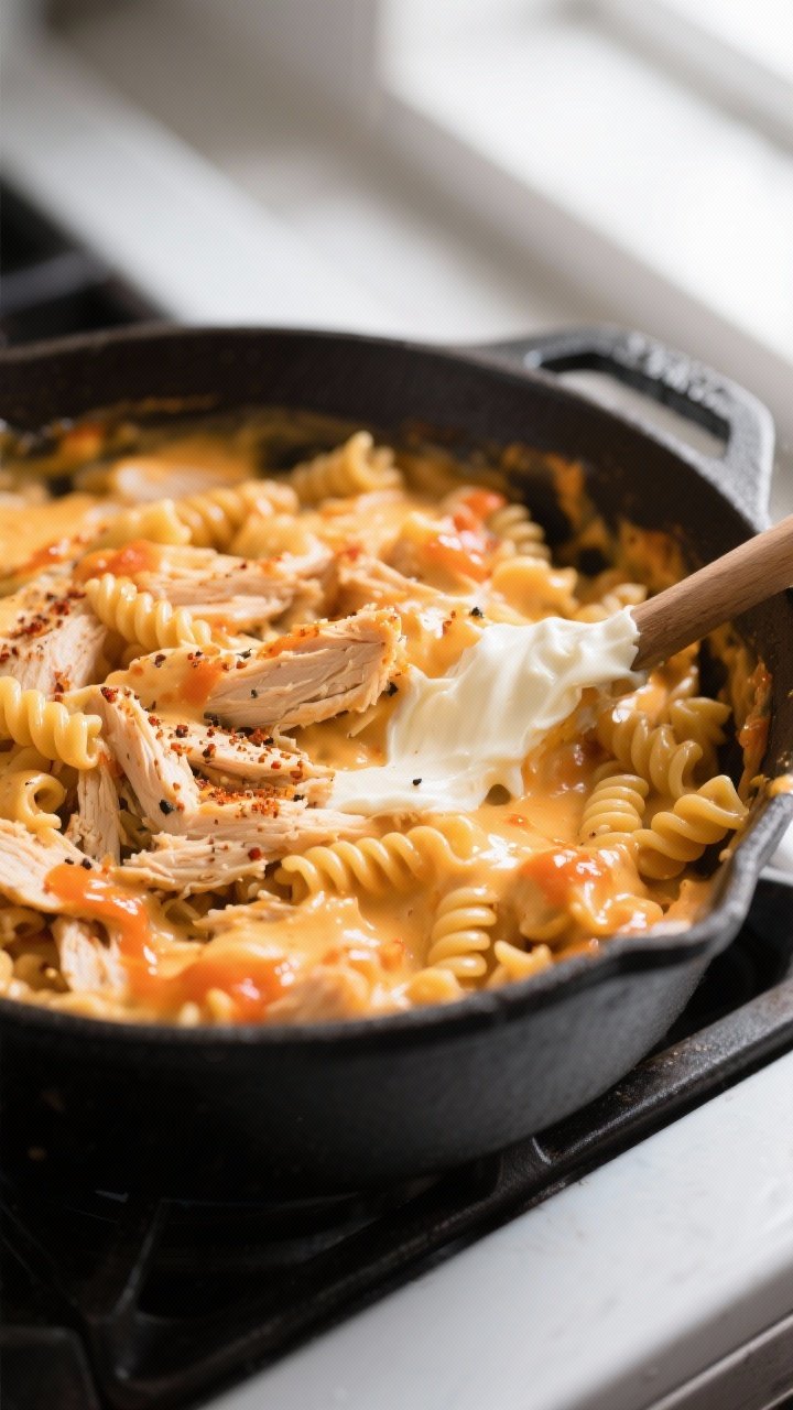 Close-up detail/cooking process: Creamy buffalo chicken mac and cheese being folded together in a ma