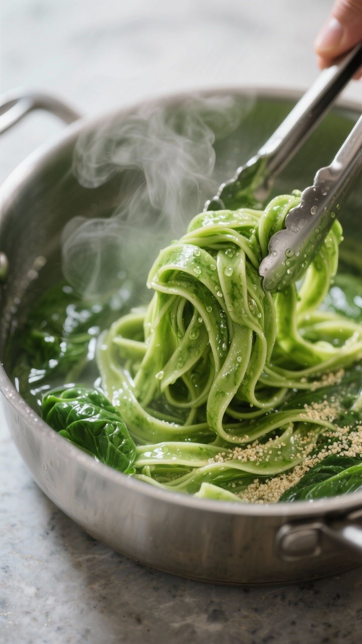 Close-up detail, cooking process: Fresh spinach fettuccine strands just lifted from boiling salted w
