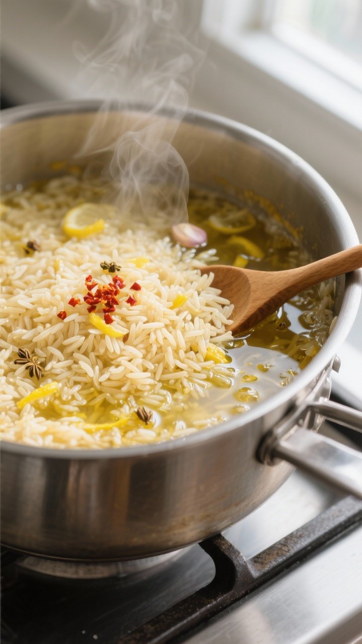 Close-up detail, cooking process: Glossy, butter-toasted long-grain rice simmering in low-sodium bro