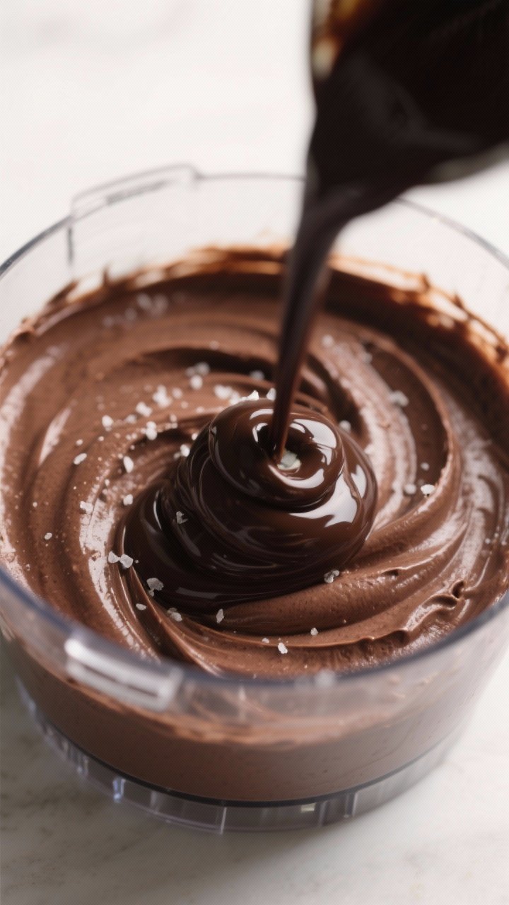 Close-up detail, cooking process: Silky avocado chocolate mousse being blended to a glossy, pudding-