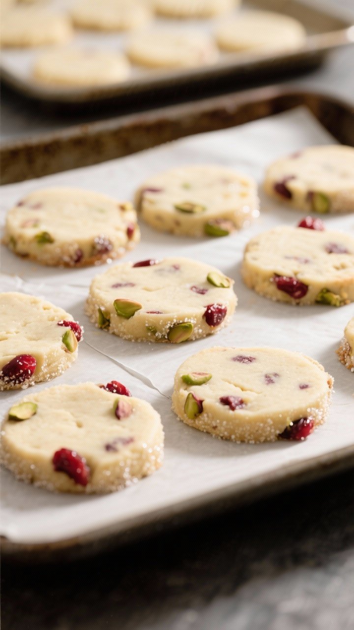 Close-up detail, cooking process: Sliced rounds of chilled cranberry pistachio shortbread dough arra