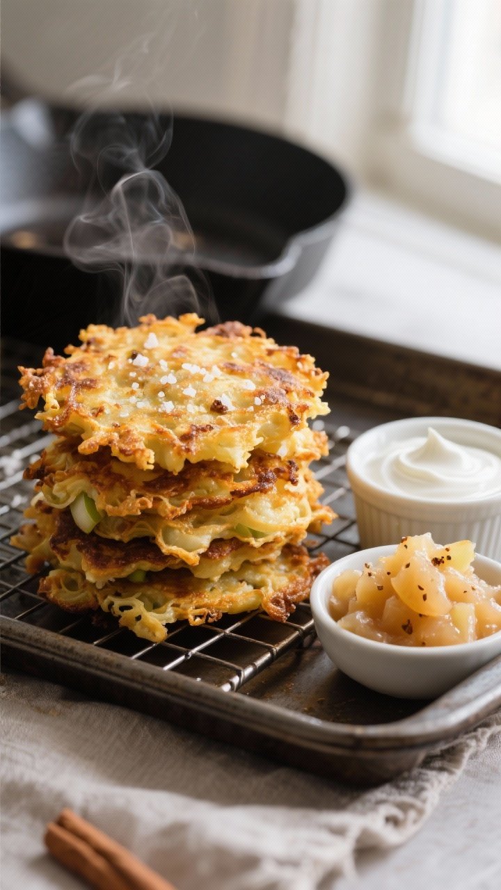 Close-up detail: Golden, lacy-edged potato latkes just out of the skillet, stacked loosely on a wire