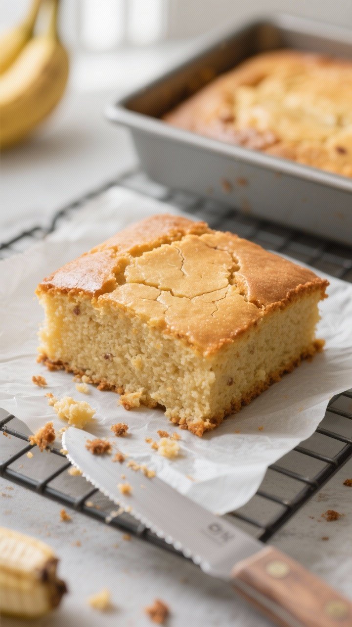 Close-up detail of a freshly baked banana cake square just out of the pan, golden top with delicate 