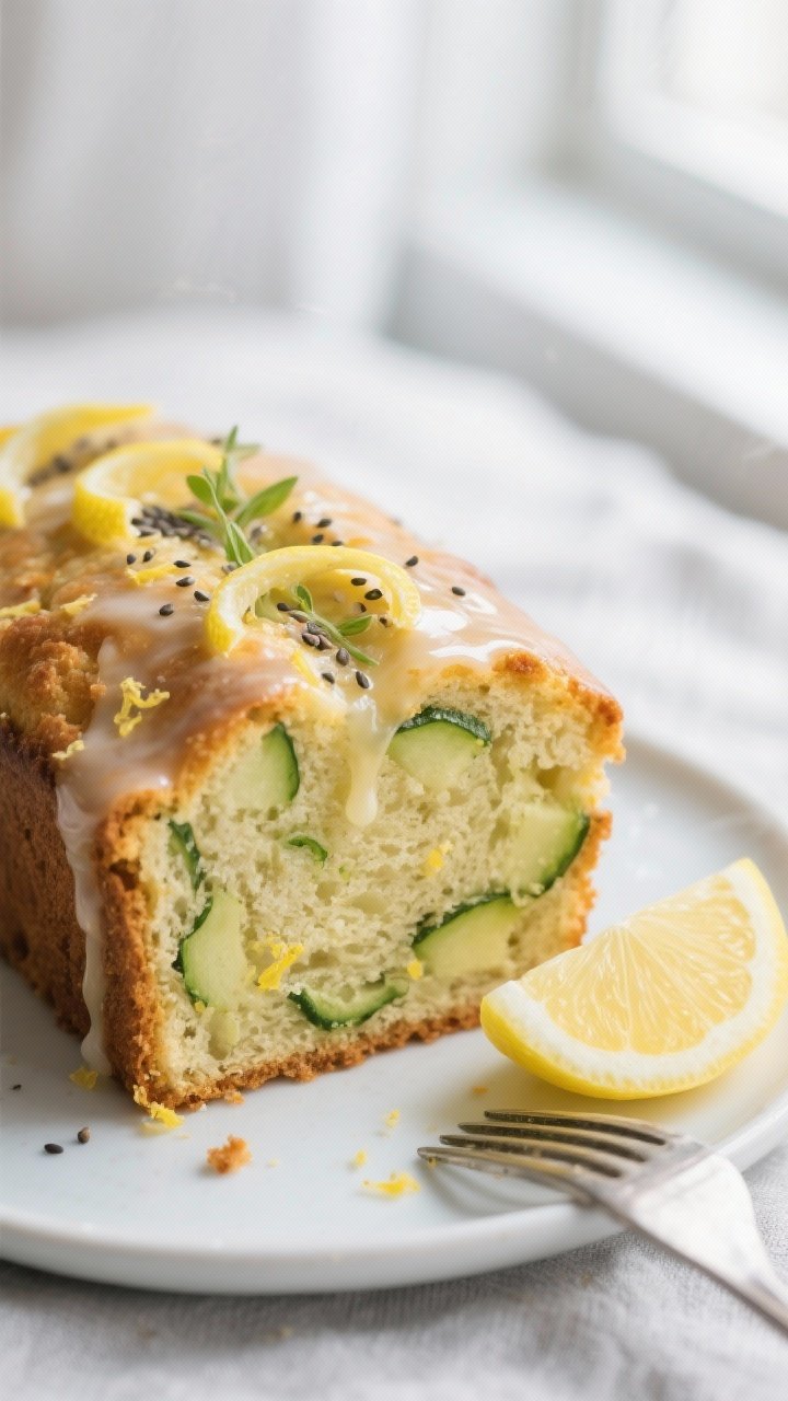 Close-up detail of a freshly baked vegan lemon zucchini bread slice on a small matte white plate, te