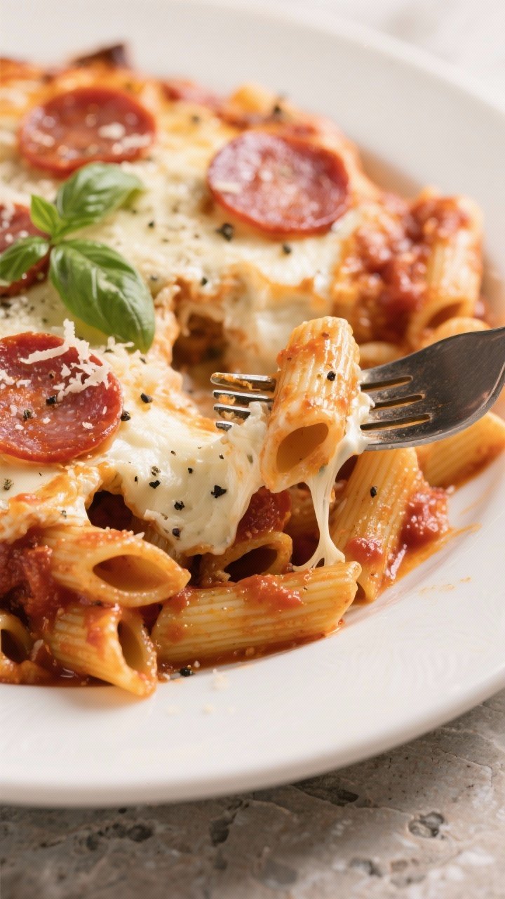Close-up detail of a plated serving of Pepperoni Pizza Pasta Bake on a warm white rimmed plate, fork