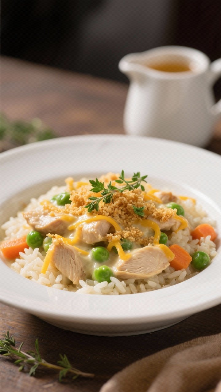 Close-up detail of a plated serving of the casserole, scooped into a shallow white bowl, showcasing 