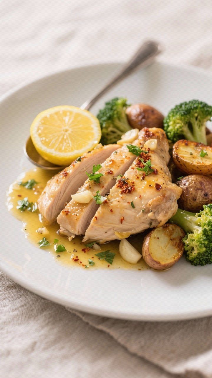 Close-up detail of a plated serving: sliced lemon-garlic chicken thigh fanned over a bed of roasted 