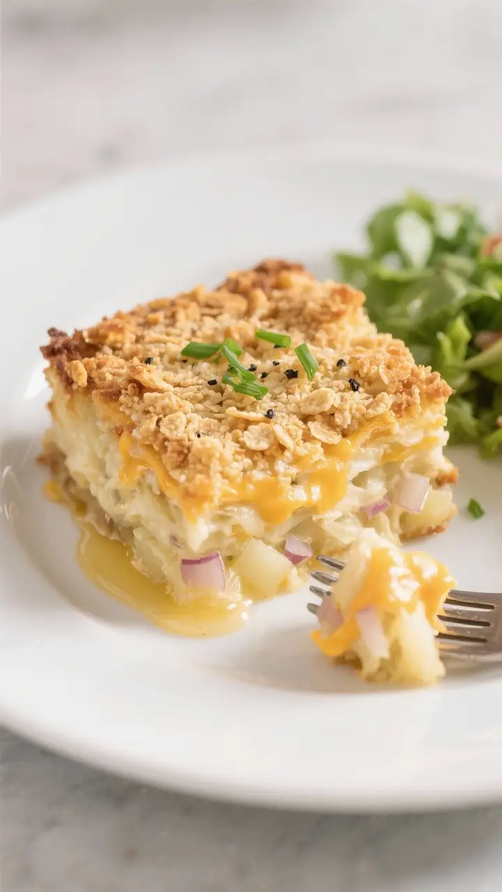 Close-up detail of a plated square of Classic Hashbrown Casserole on a matte white plate, showing th