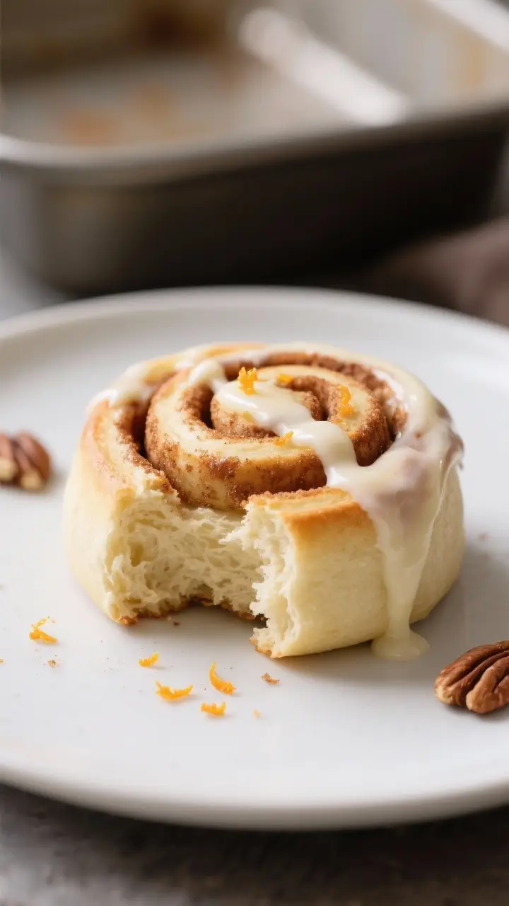 Close-up detail of a single cinnamon roll on a matte white plate, torn open to reveal pillowy interi