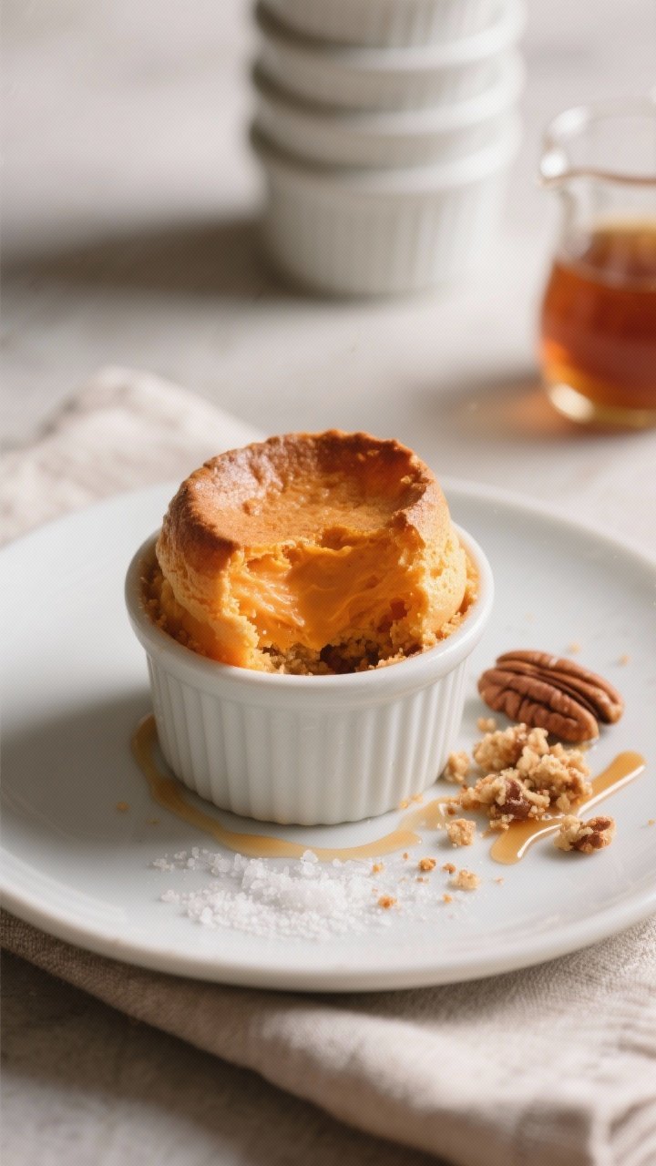 Close-up detail of a single plated mini sweet potato souffle cup just released from a ramekin onto a