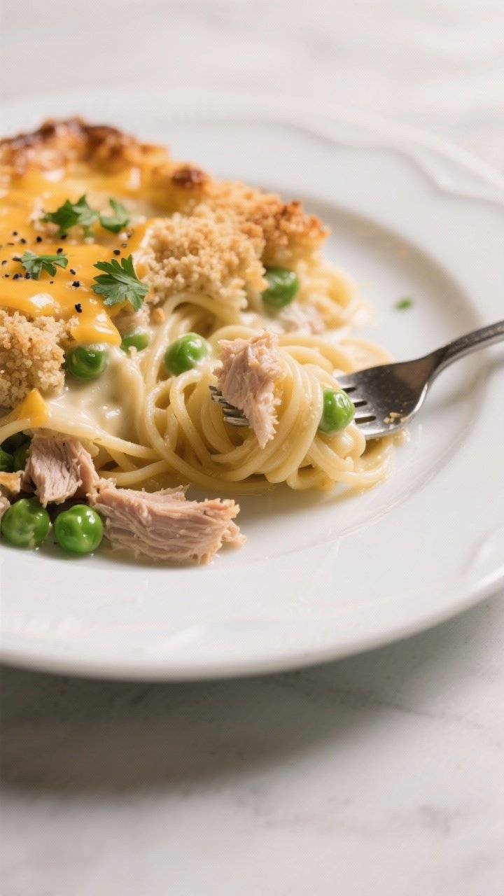 Close-up detail of a single plated serving of the casserole on a white ceramic plate: tender egg noo
