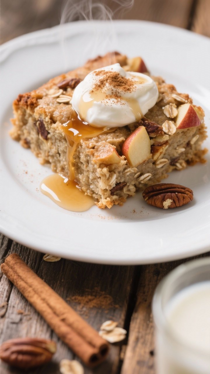 Close-up detail of a sliced square of Apple Cinnamon Baked Oatmeal plated and steaming, topped with 