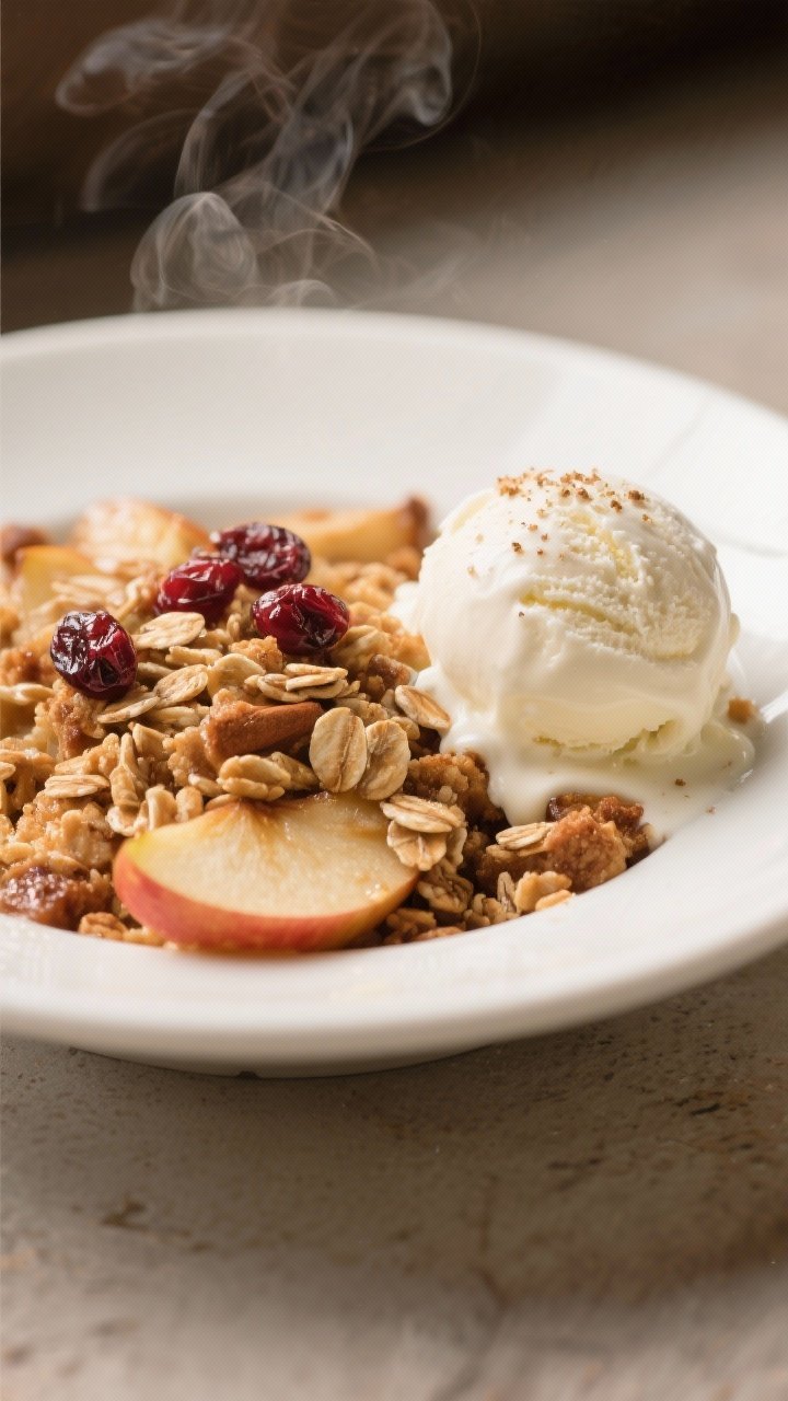 Close-up detail of a warm plated serving of apple crisp in a shallow white bowl, crisp oat topping c