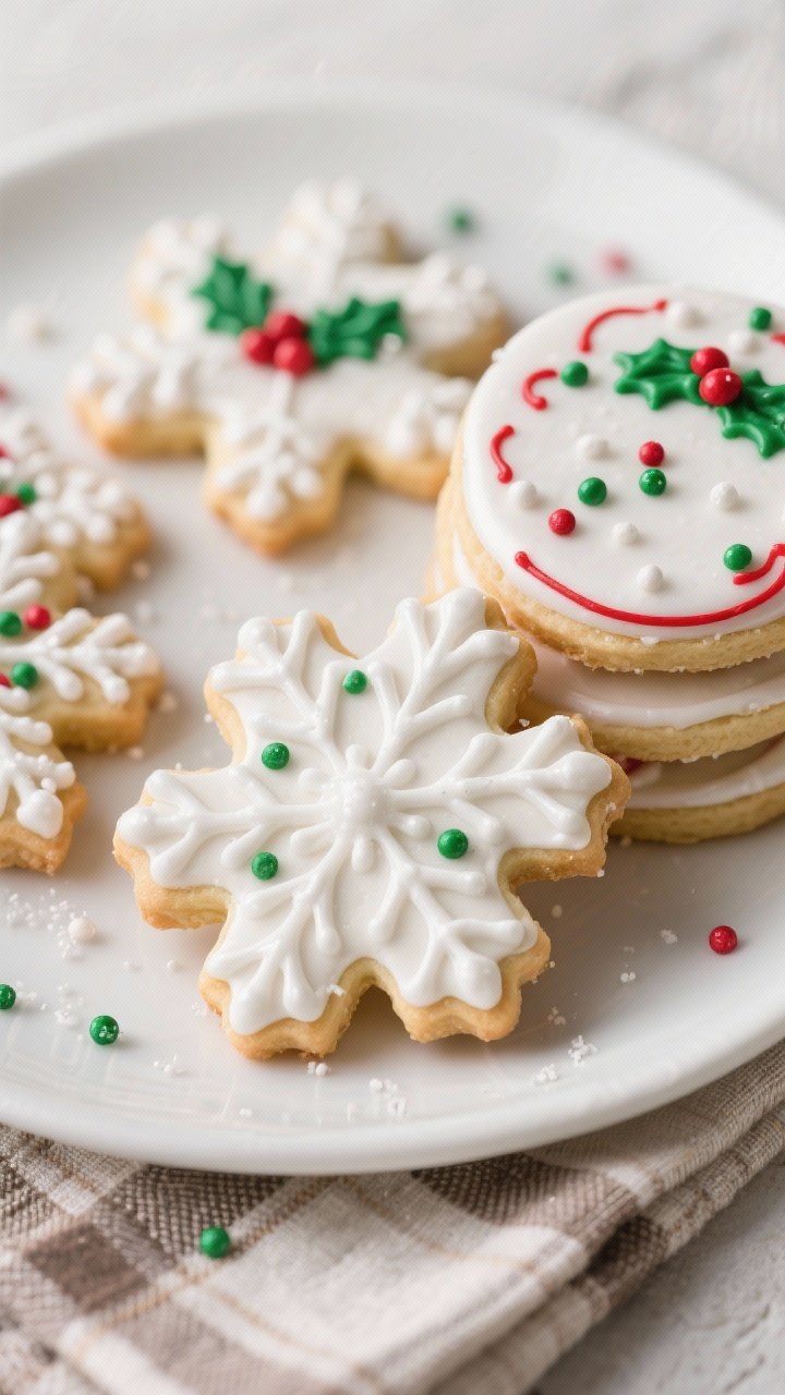 Close-up detail of decorated Christmas sugar cookies on a simple white platter: glossy royal-iced sn