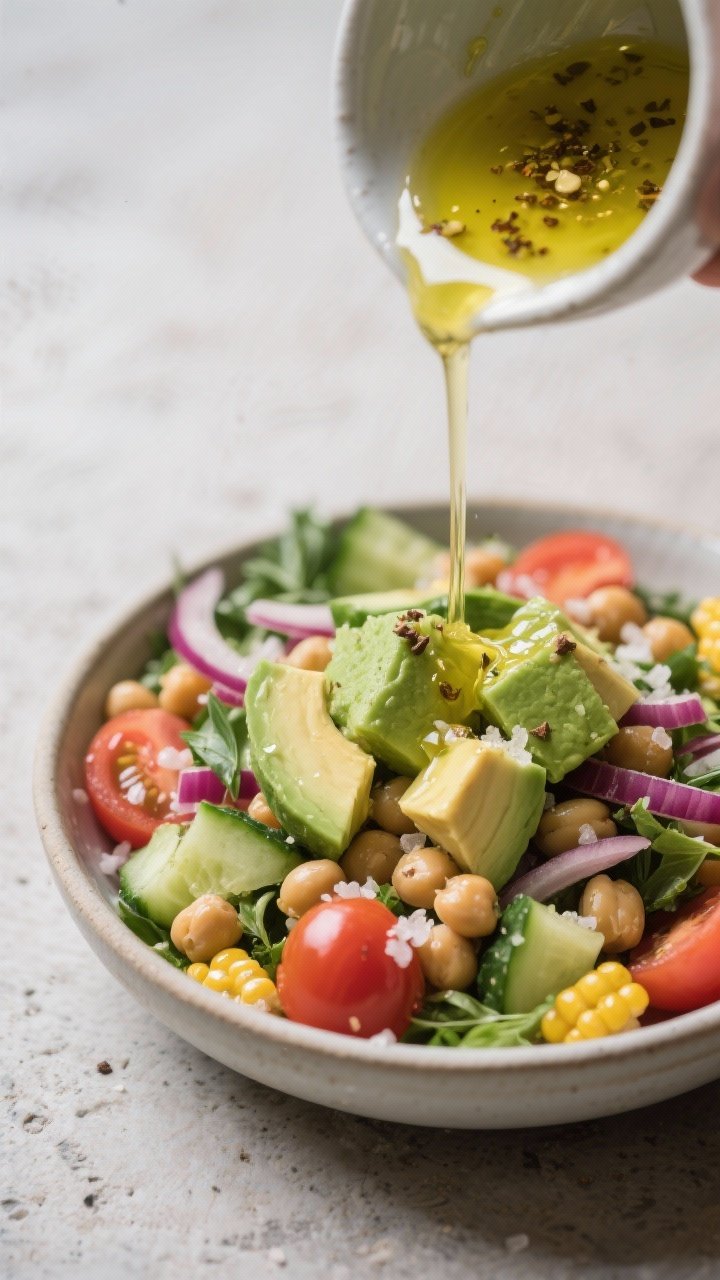 Close-up detail of the dressing being poured over the nearly finished salad, cooking process moment: