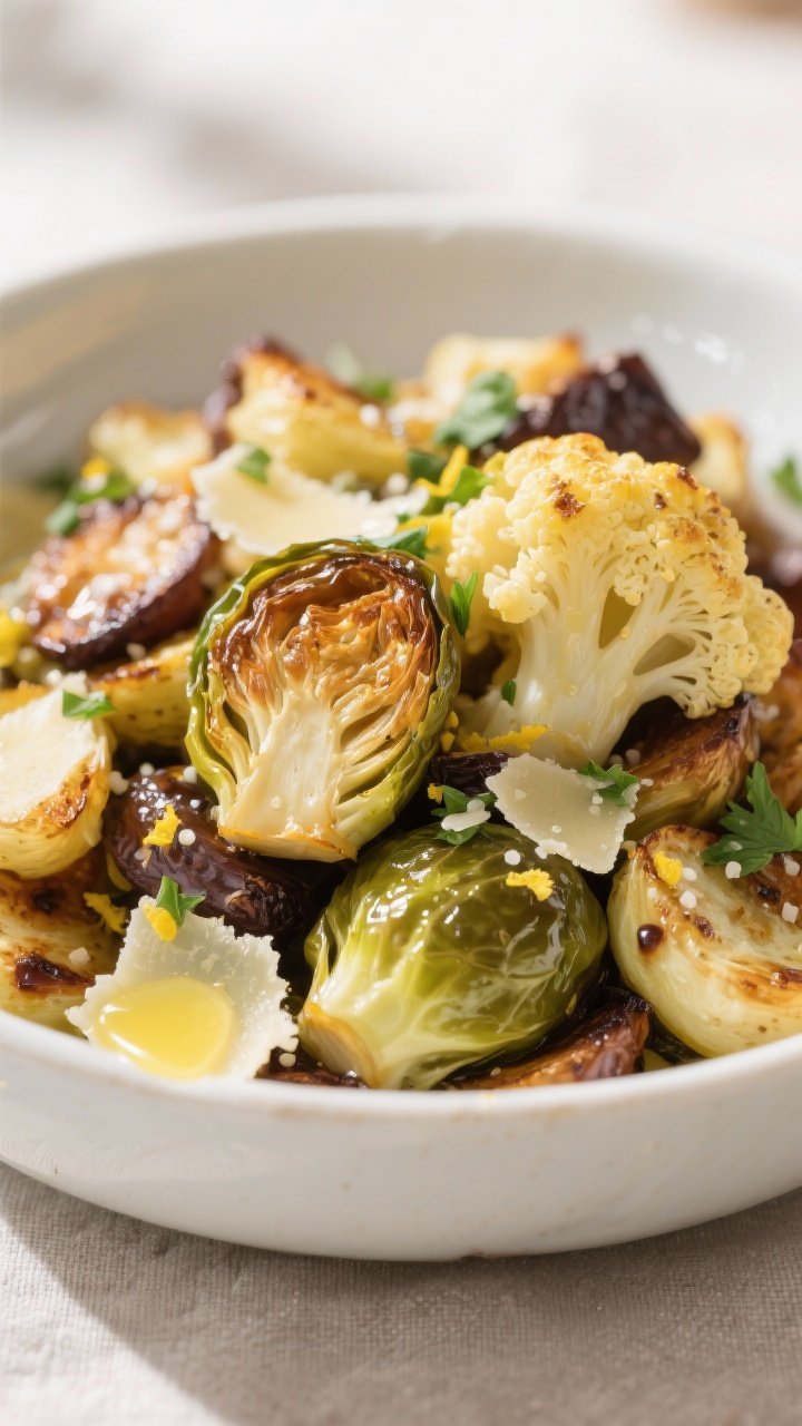 Close-up detail of the final plated Garlic Butter Roasted Veggies: a shallow white ceramic bowl pile