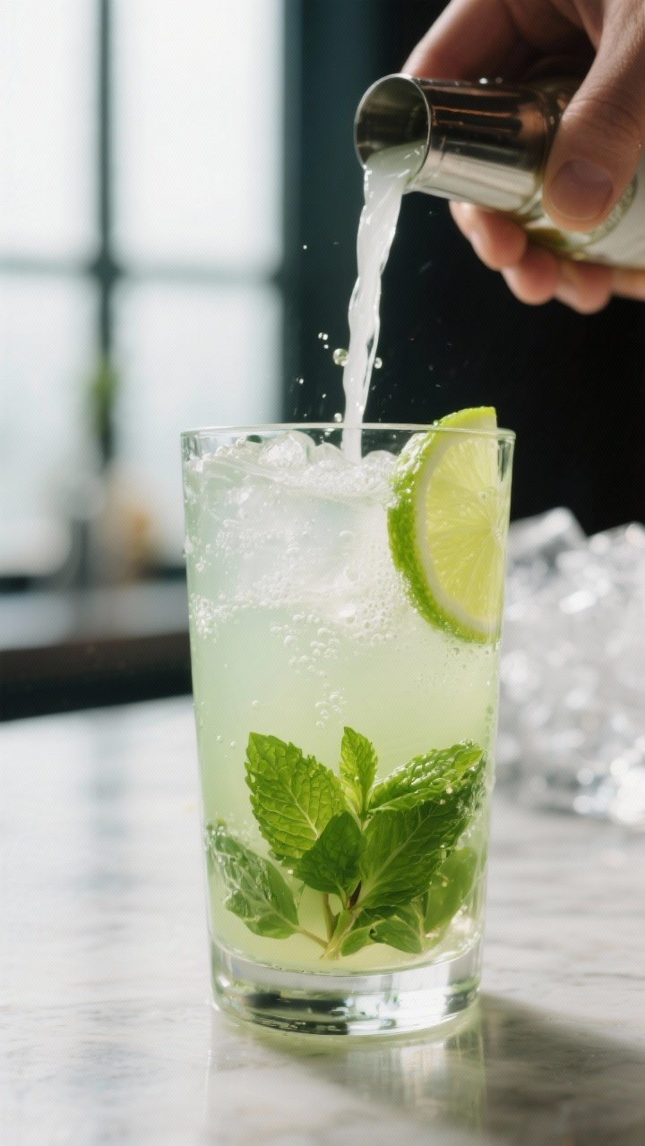 Close-up detail, process shot: A highball glass in mid-prep with muddled mint gently pressed at the 