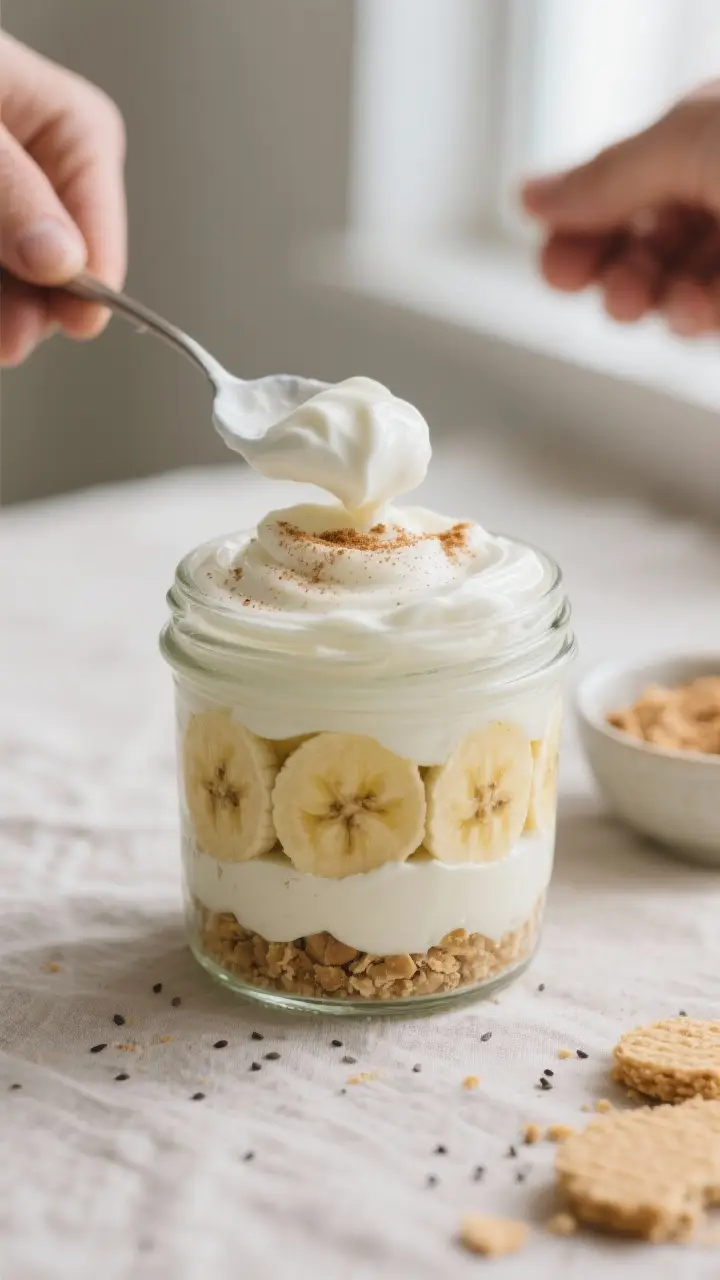 Close-up detail/process shot: Thick Greek-yogurt banana pudding base being layered into a clear glas