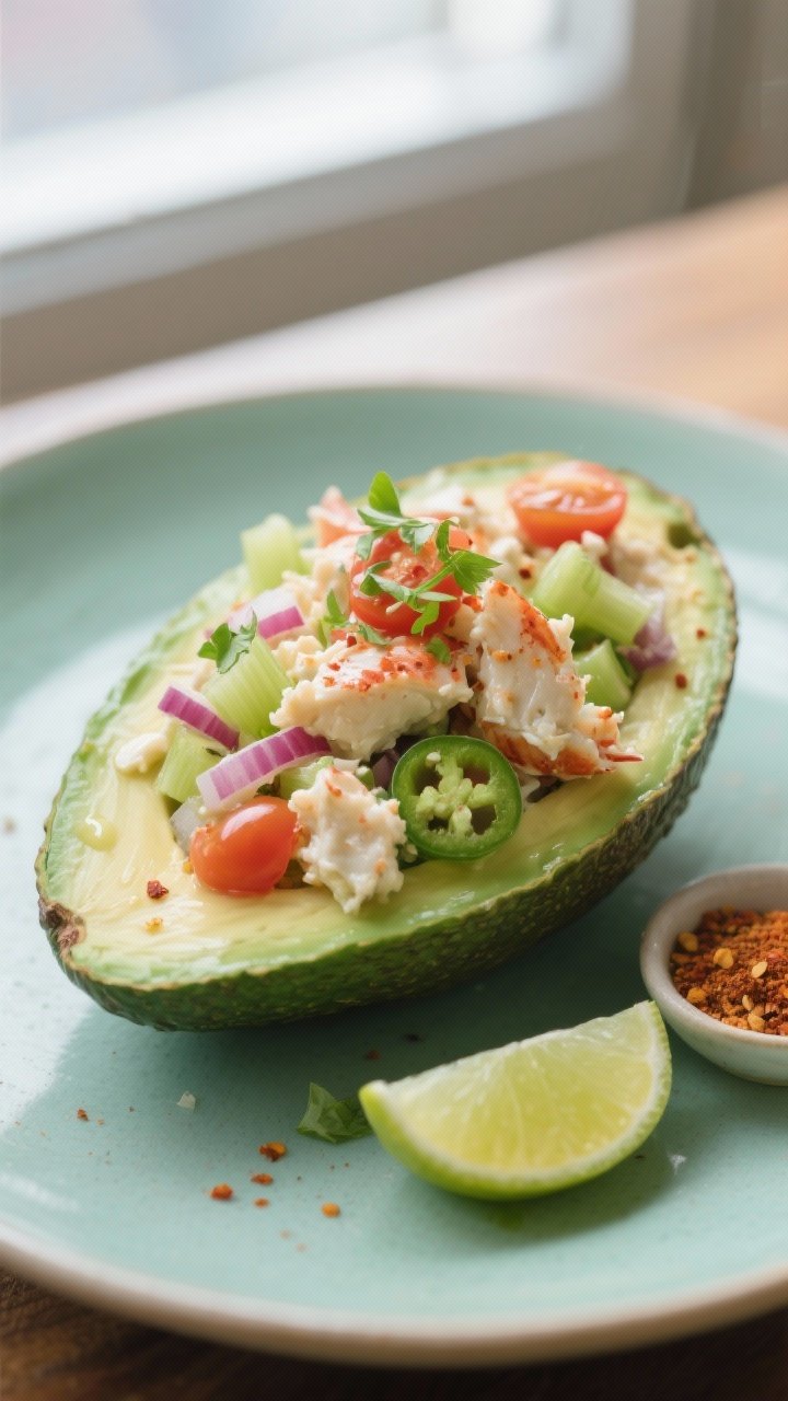 Close-up detail shot: a filled avocado crab salad boat brimming with chunky lump crab, finely diced 
