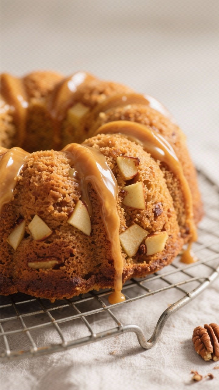 Close-up detail shot: A freshly inverted apple Bundt cake cooling on a wire rack, every ridge define