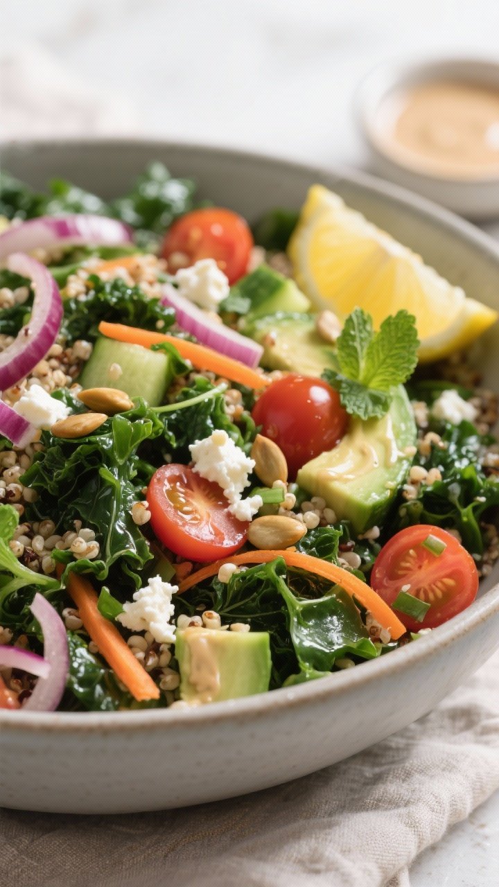 Close-up detail shot: A generous bowl of the finished Kale & Quinoa Power Salad, focusing tightly on