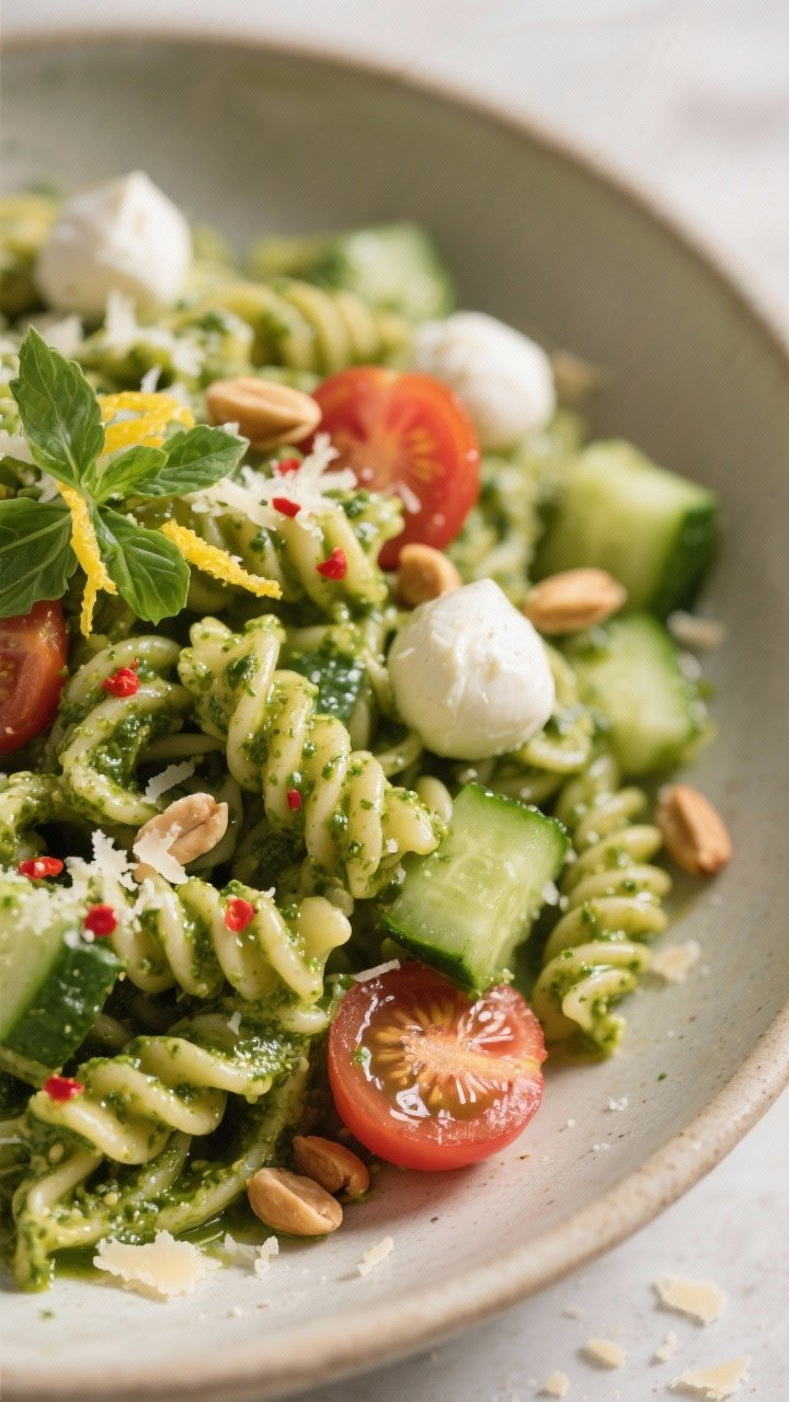 Close-up detail shot: A glossy tangle of al dente fusilli coated in vibrant green basil pesto, fleck