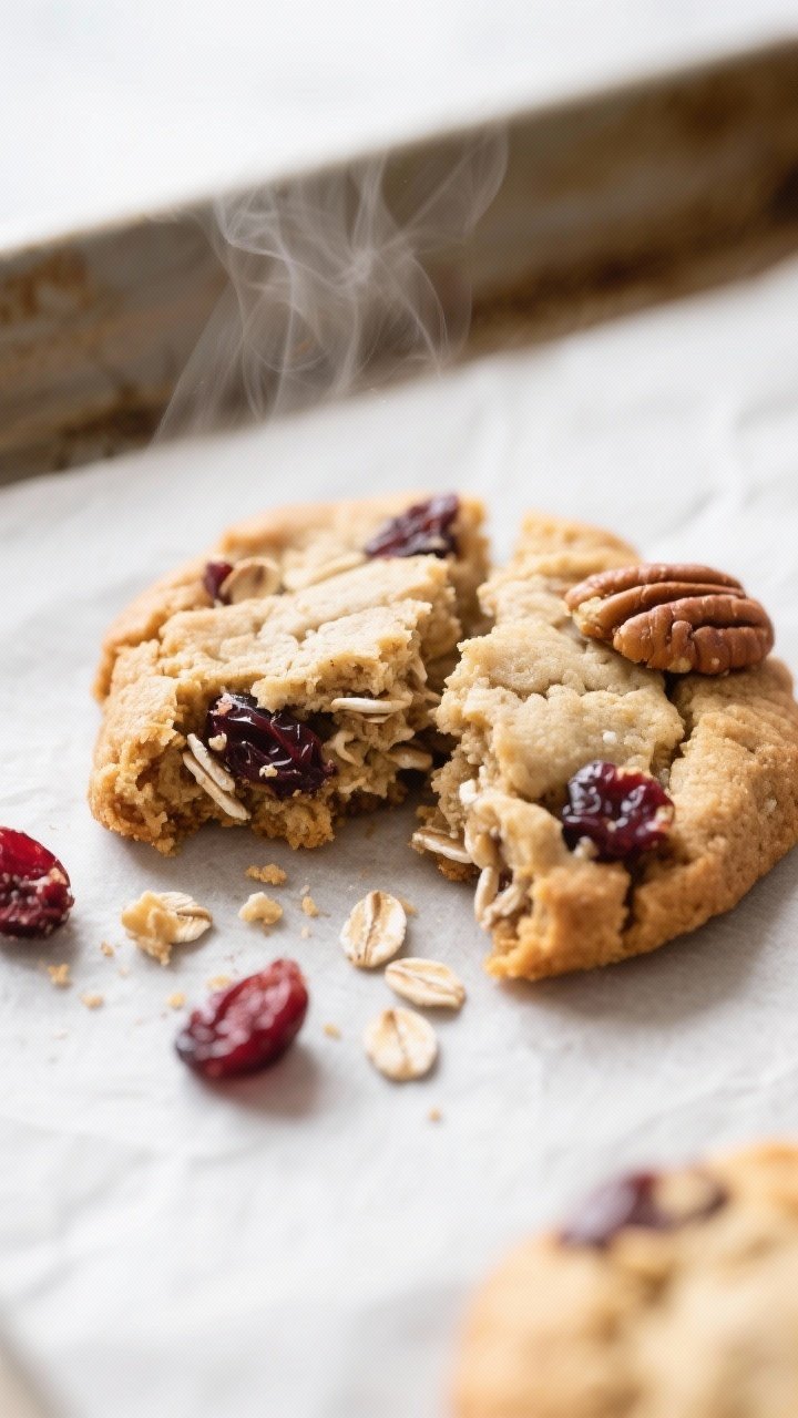 Close-up detail shot: A just-baked cranberry oatmeal cookie broken in half, steam subtly rising, sho
