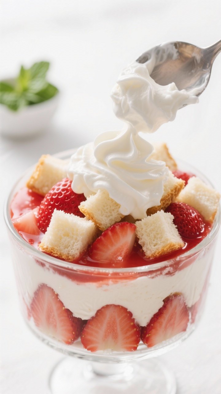 Close-up detail shot: A spoon gently layering the airy cream cheese–whipped cream mixture over a b