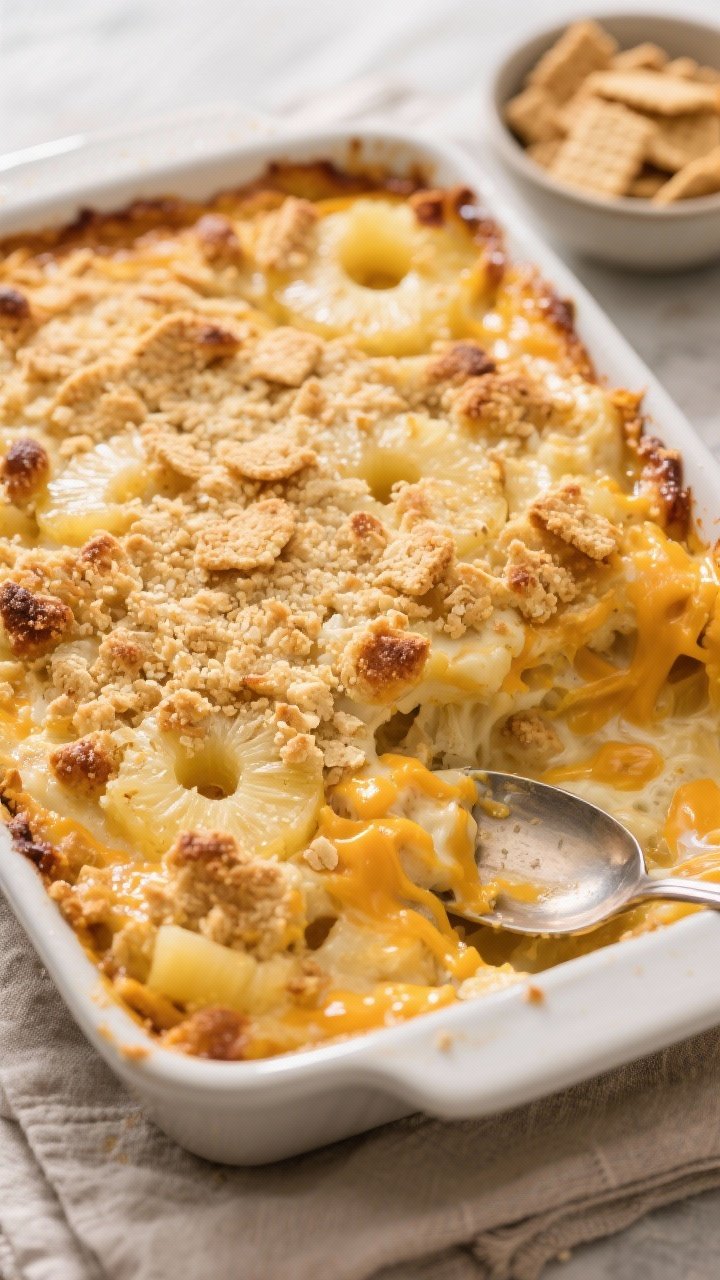 Close-up detail shot of a freshly baked Paula Deen pineapple casserole just out of the oven: golden,