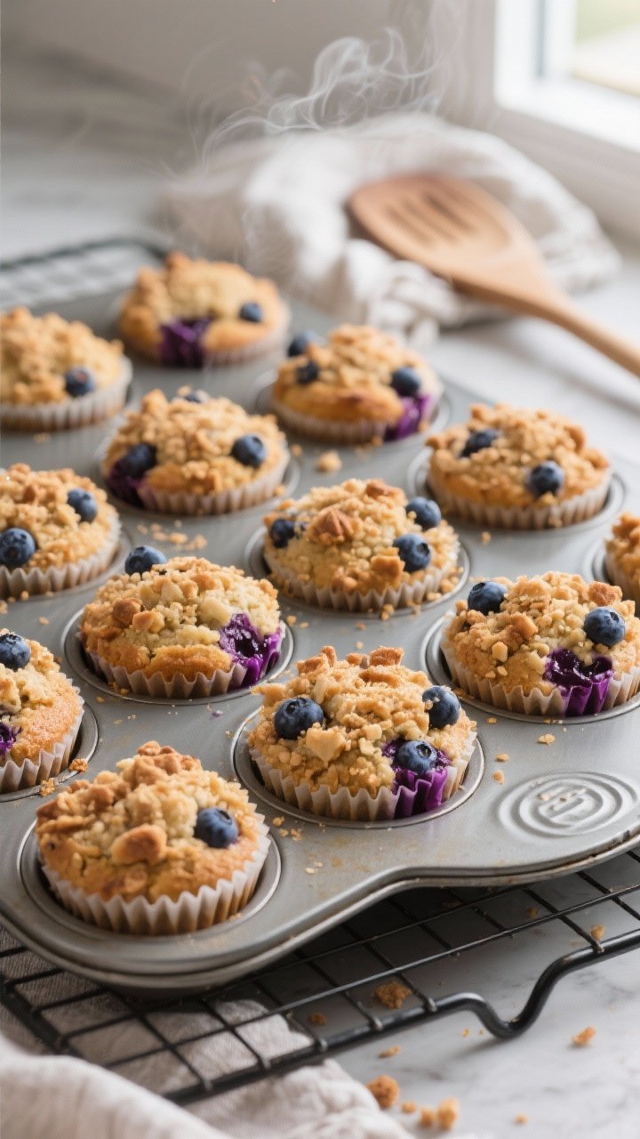 Close-up detail shot of freshly baked blueberry muffins with crumble topping just out of the oven, c
