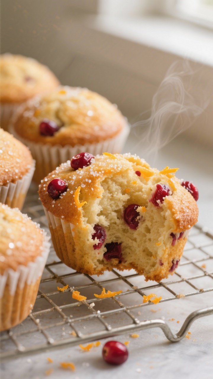 Close-up detail shot of freshly baked cranberry orange muffins just out of the tin, golden domed top