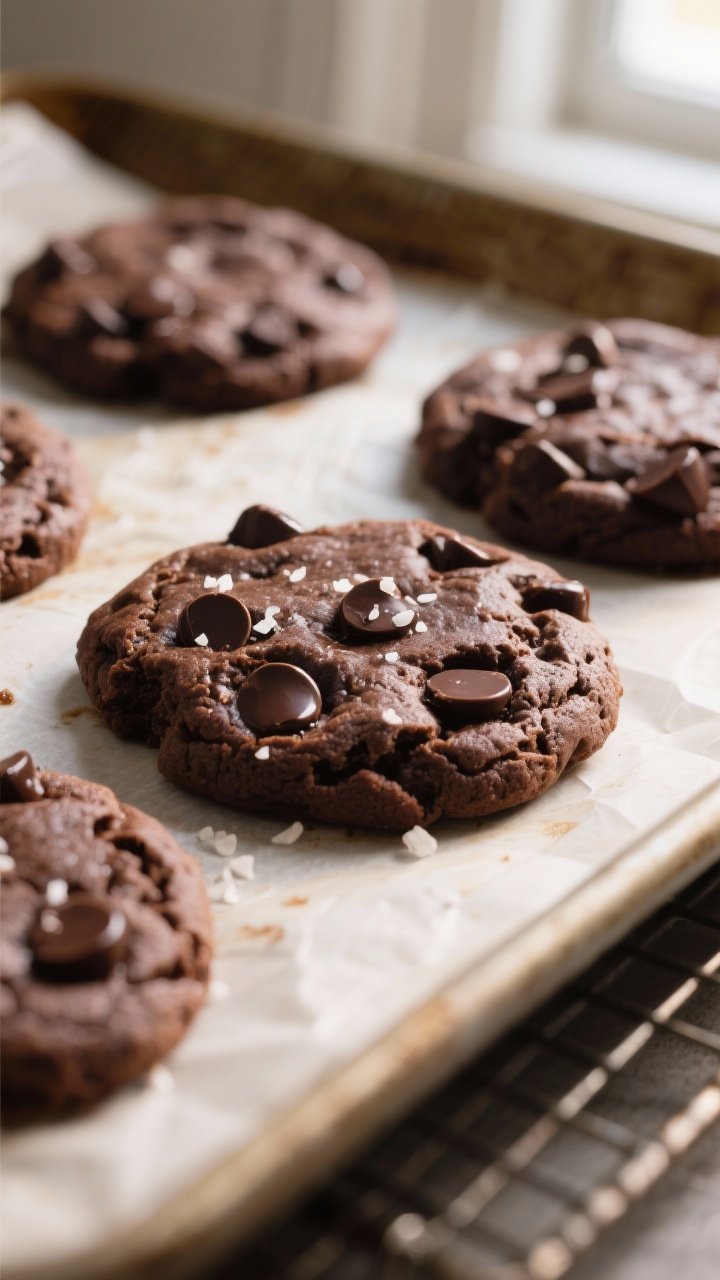 Close-up detail shot of freshly baked double chocolate chip cookies just out of the oven on a parchm