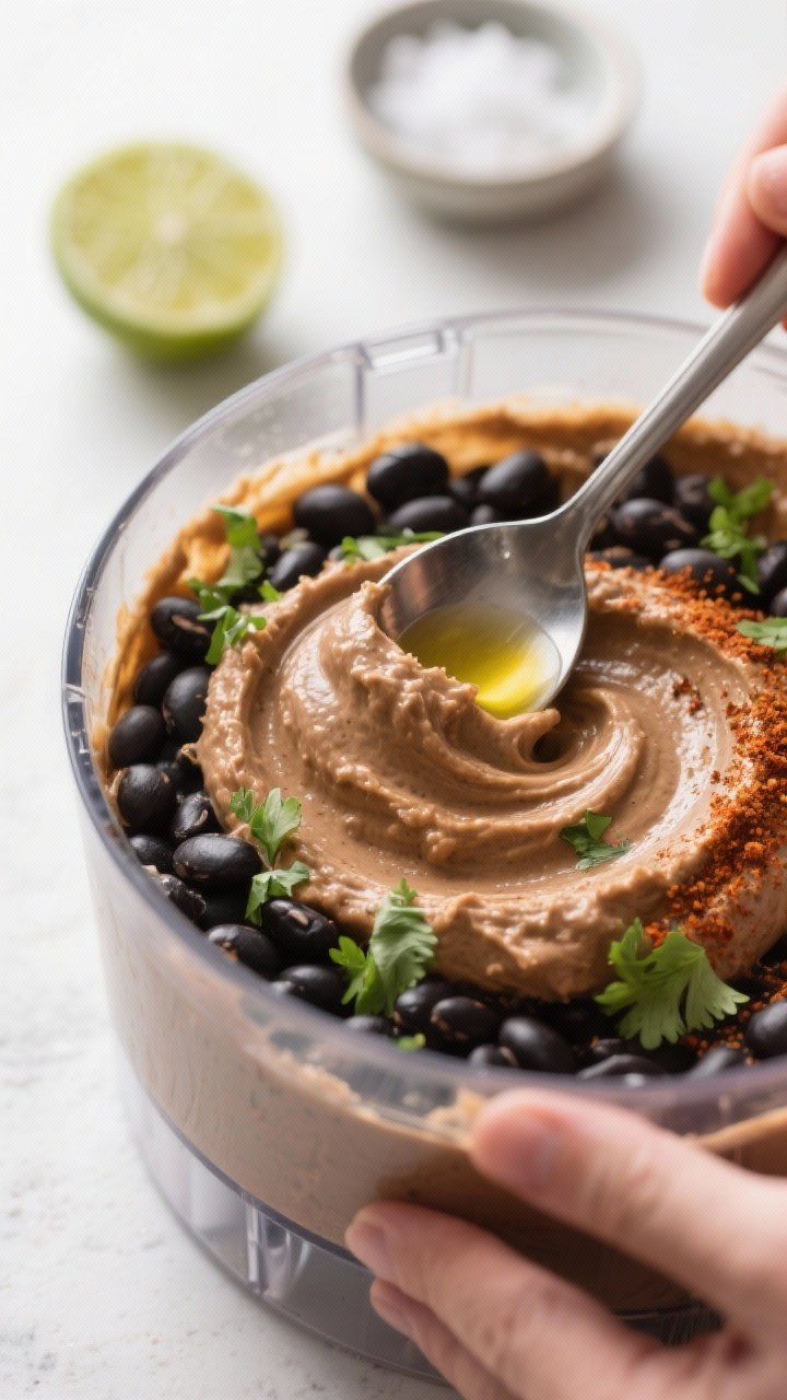 Close-up detail shot of freshly blended black bean dip being swirled smooth in a food processor bowl