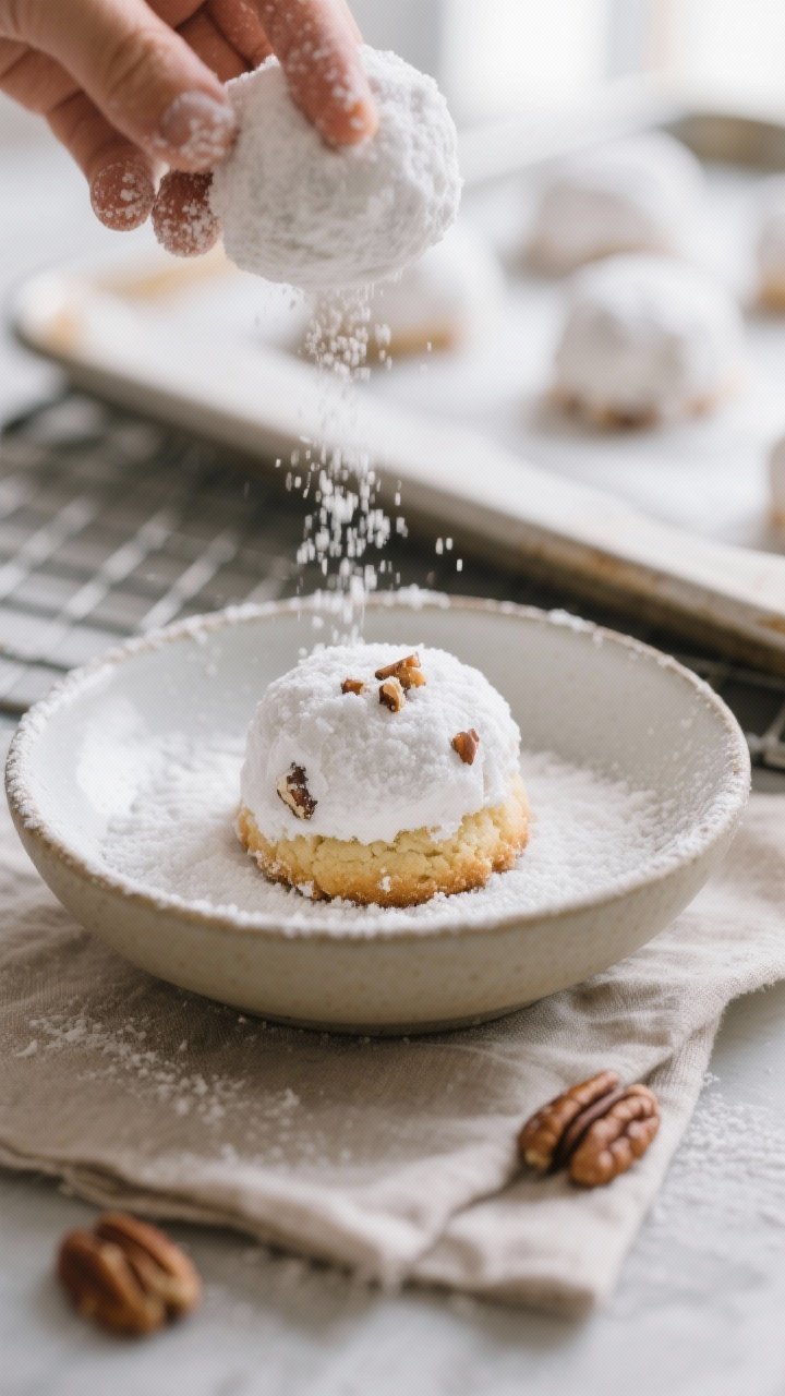 Close-up detail shot: Warm snowball cookies just out of the oven being gently rolled in powdered sug