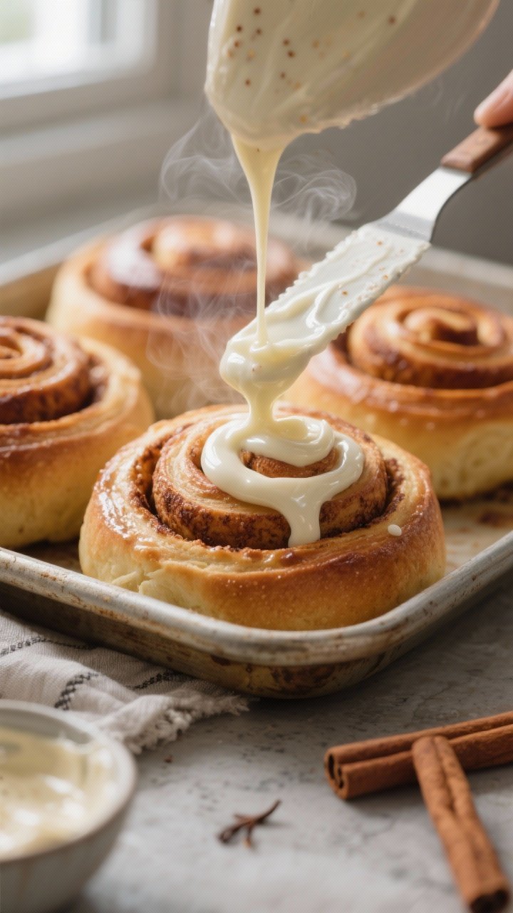 Close-up detail: Warm cinnamon buns just out of the oven being iced, a glossy ribbon of silky cream 