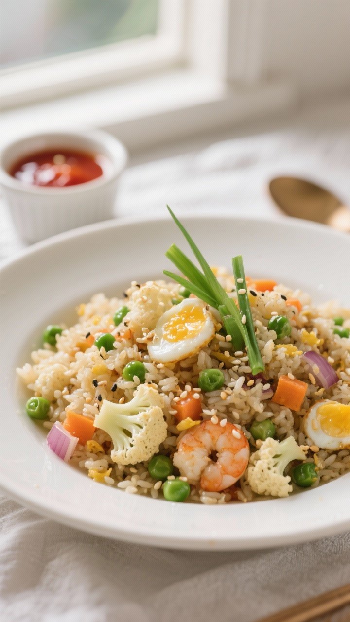 Close-up, final plated cauliflower fried rice in a wide, shallow white bowl, restaurant-quality pres
