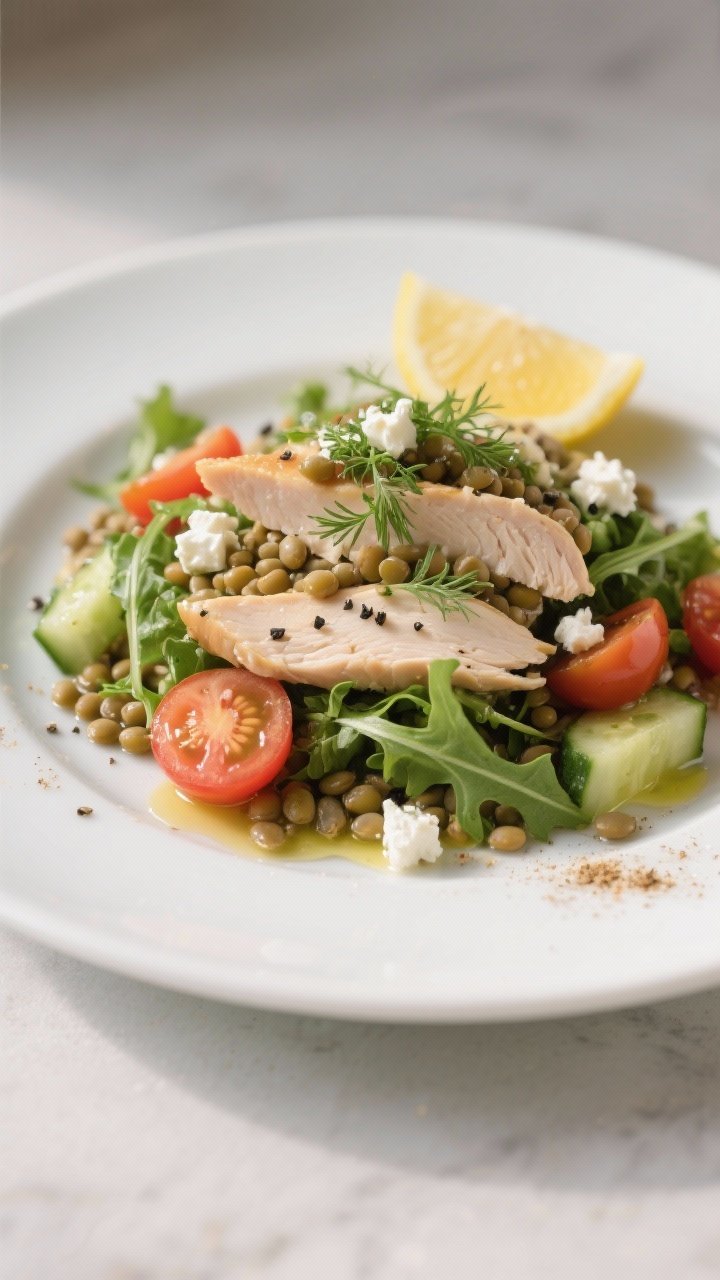 Close-up, final plated presentation of the Lentil Chicken Salad on a matte white dinner plate: tende