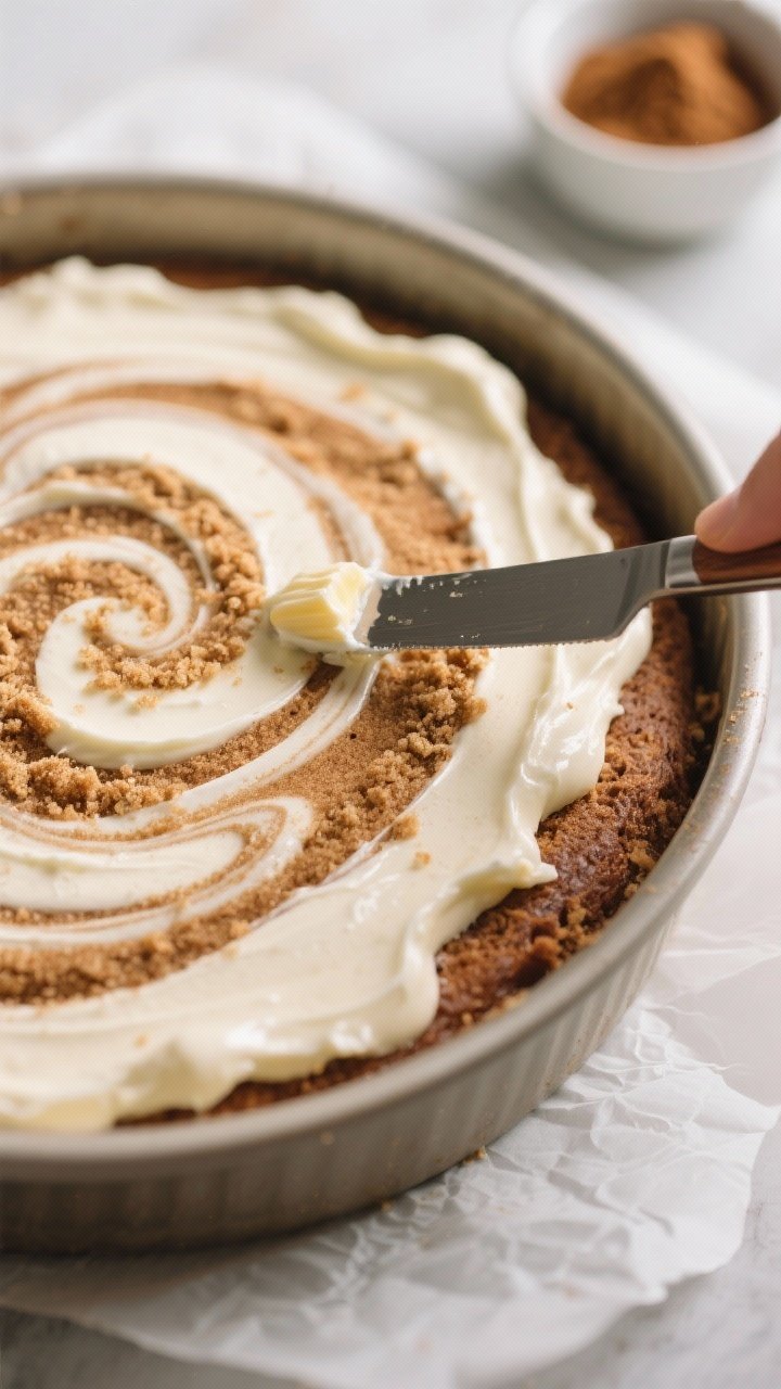 Close-up process detail of the marbled cinnamon swirl before baking: 9-inch round pan lined with par