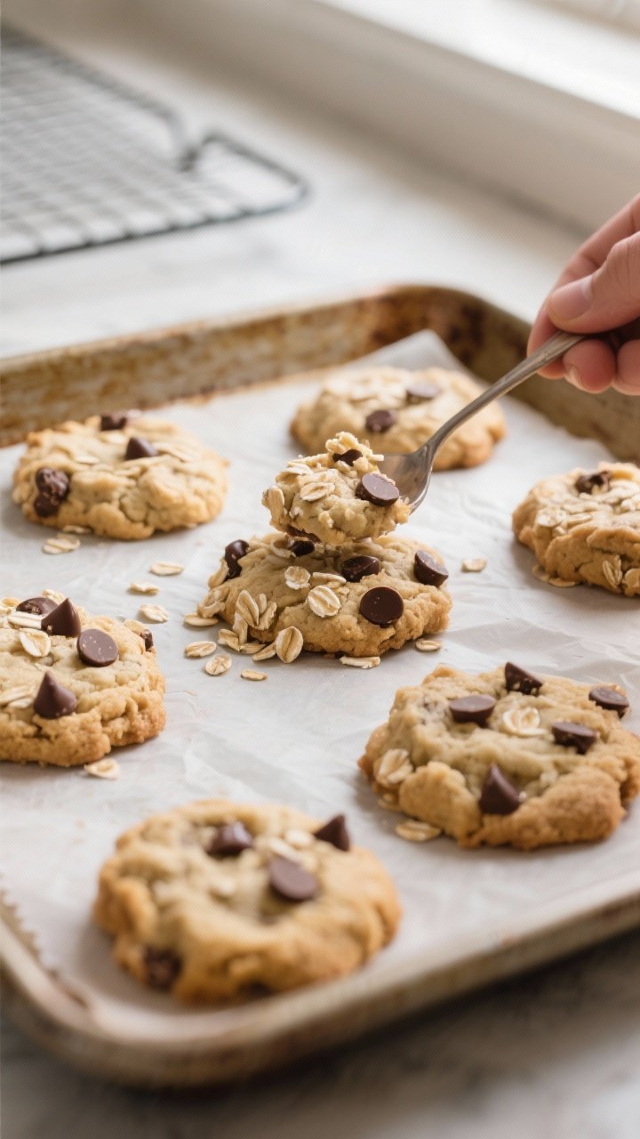 Close-up process shot: A parchment-lined baking sheet on a rustic sheet pan with freshly scooped Cho