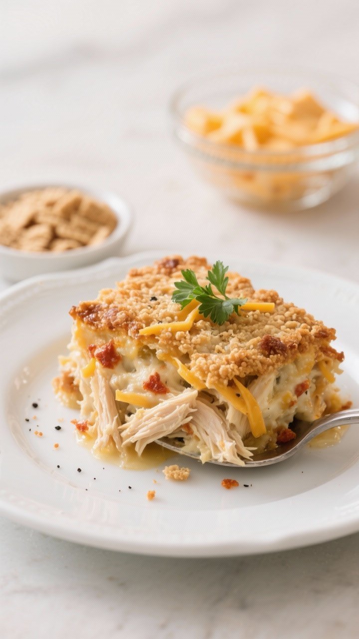 Close-up side-angle detail of a plated scoop of Ritz Cracker Chicken Casserole on a white rimmed pla