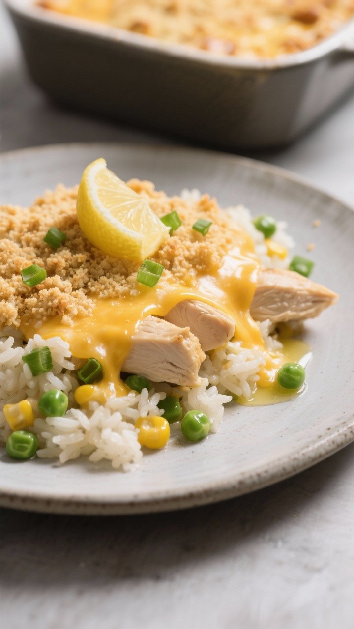 Close-up, three-quarter angle detail of a plated serving of the casserole on a matte stoneware plate