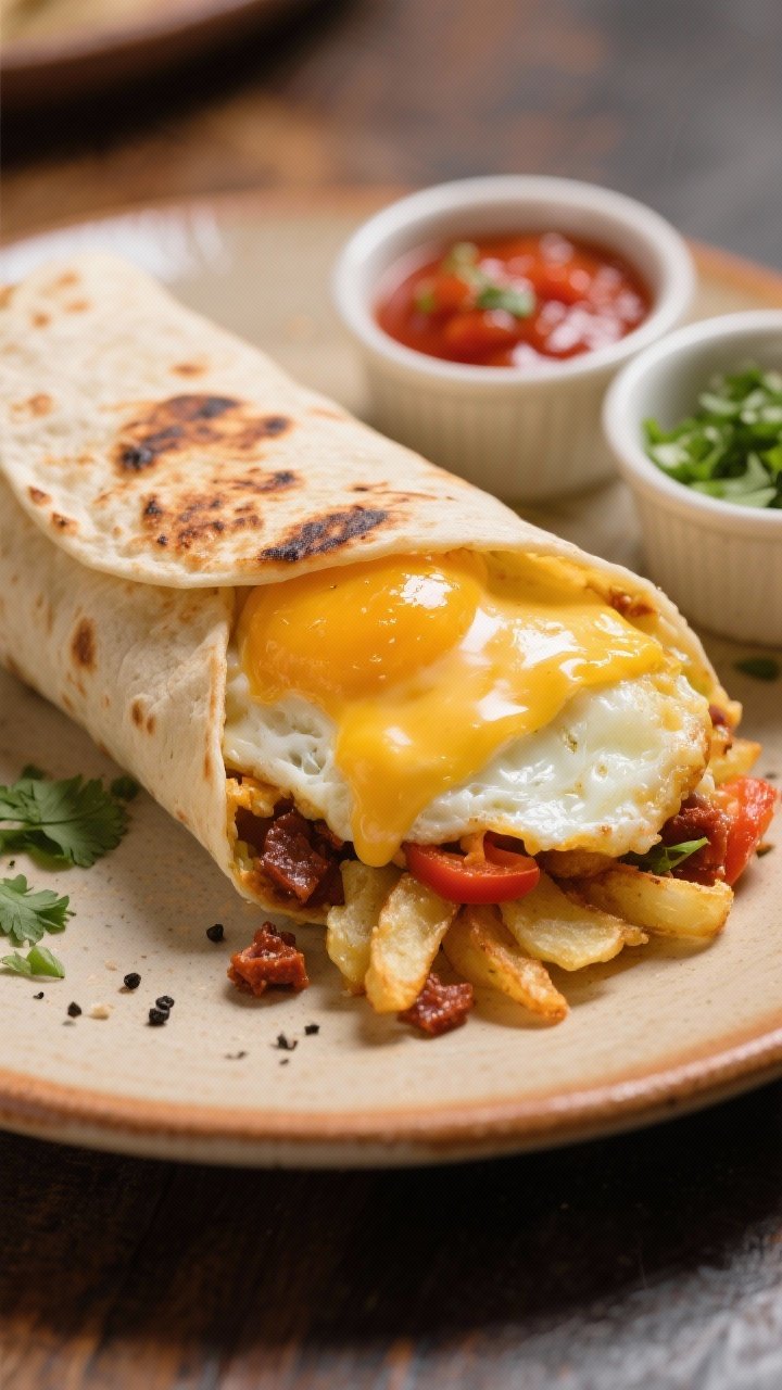 Close-up, three-quarter angle of a reheated and crisped breakfast burrito on a warm ceramic plate: b