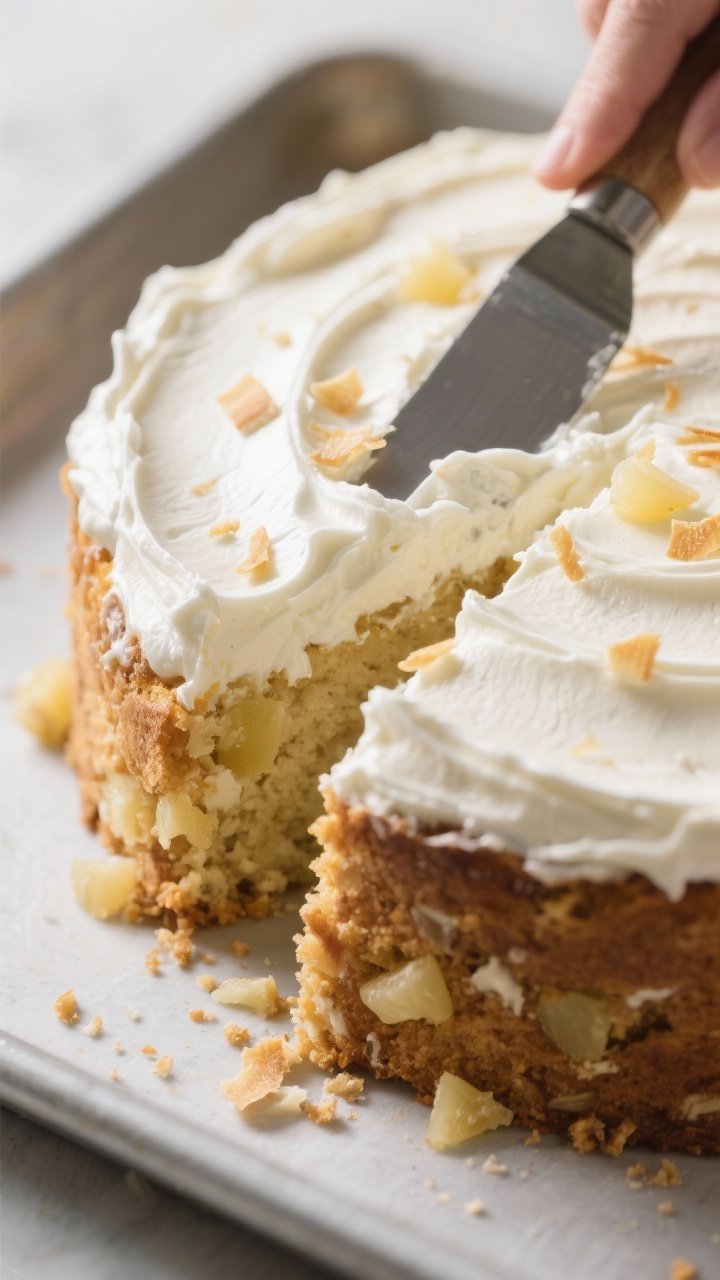 Close-up, three-quarter angle process shot of the cooled cake just after frosting: a glossy, pineapp